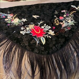 Elissa-Rose for RM Verdi Inc, Black burnout velvet Shawl with Fringe.